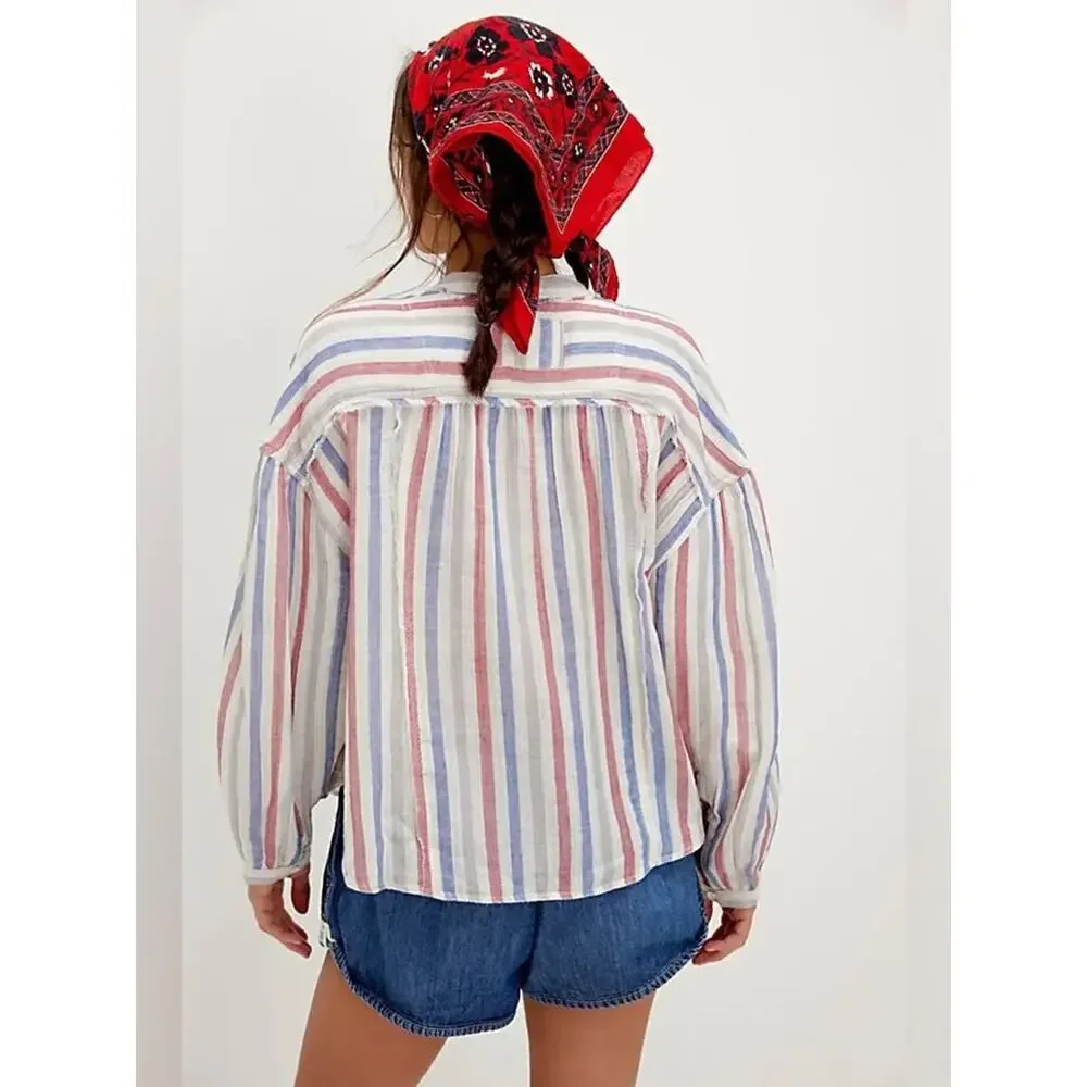 Free People Valley Double Cloth Striped Shirt in Ivory Combo L